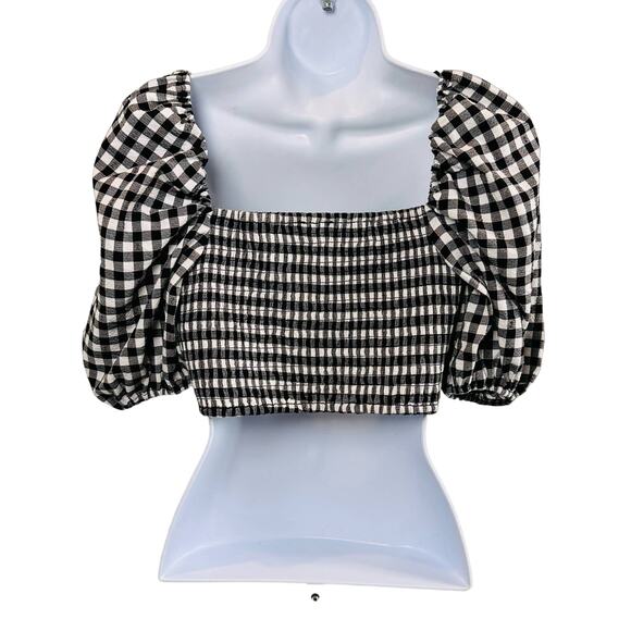 WAYF Womens SZ Large Black/White Buffalo Check Knot Front Linen Blend Crop Top - Picture 6 of 6